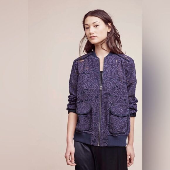 Anthropologie Elevenses Miranda Embroidered Floral Lace Unlined Bomber Jacket L - Picture 2 of 12